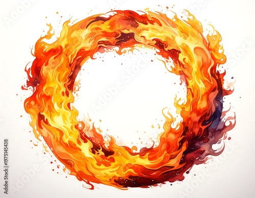 A vibrant, watercolor-style illustration depicts a flaming ring, with bright orange and red hues against a white background