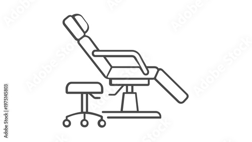 Professional Reclining Treatment Chair and Rolling Stool Vector Icon Illustration. Minimalist Line Art Design for Beauty Salon, Medical Spa, Tattoo Studio, Dental Clinic, or Healthcare Facility.