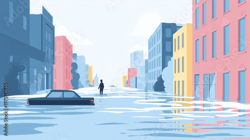 An illustration of a flooded city street with buildings and a car, suitable for news articles, environmental reports, or disaster preparedness campaigns. Copy space
