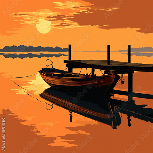 An illustration of a wooden boat tied to a dock at sunset, suitable for travel blogs, nautical themes, or serene landscape designs.
