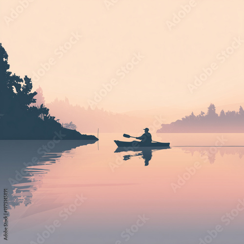 A person solo kayaking on a calm lake at sunset, suitable for outdoor activity promotions, travel blogs, or serene nature designs. Copy space