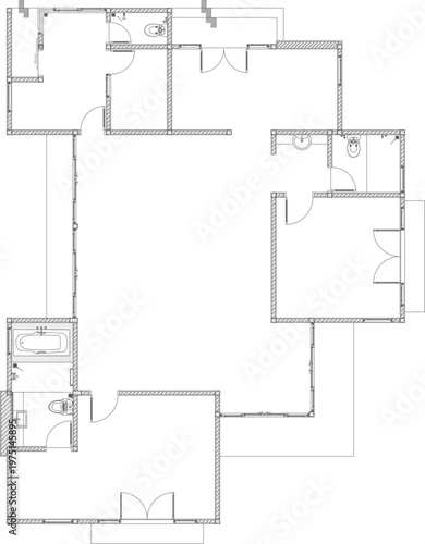 Technical architectural drawing showing a detailed floor plan of a residential house layout featuring multiple rooms, bathrooms with fixtures, hallways, and hatched walls.