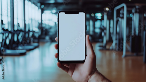 Blank smartphone display in gym environment with exercise equipment in background