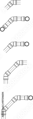 Technical engineering drawing showing various angled connection details for a railing system, featuring elbow joints, ball finials, and rail segments arranged vertically.