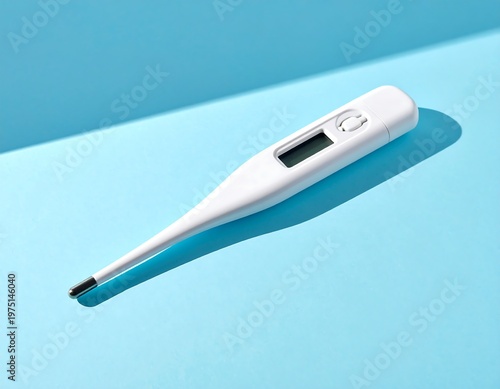 A white digital thermometer, resting on a flat, light blue surface with a single diagonal shadow cast across it