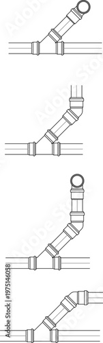 Technical engineering drawing showing angled connection details for a railing system, featuring elbow joints, finials, and horizontal rail segments.