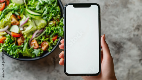 Blank smartphone screen held by hand with fresh salad in background for app or website display