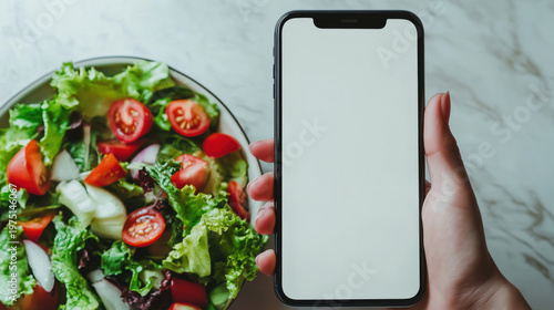 Hand holding smartphone with blank screen next to fresh salad on marble surface