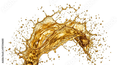 Golden amber liquid splash, dynamic beer or whiskey wave, splashing oil with flying droplets isolated on Transparent Background
