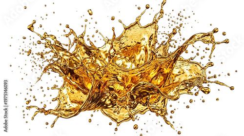 Golden liquid splash with water droplets, amber oil explosion, honey or beer crown splash isolated on Transparent Background