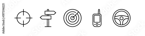 Set of Minimalist Thin Line Icons for Navigation and Travel Featuring Crosshair, Signpost, Radar Screen, Handheld GPS Device, and Steering Wheel for Wayfinding and Driving