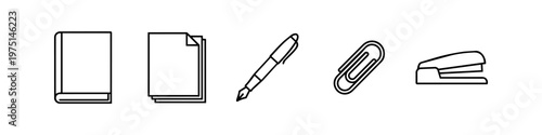 Minimalist Office Supply Line Icon Set Featuring a Notebook, Stacked Paper, Fountain Pen, Paperclip, and Stapler for Business and Stationery Design