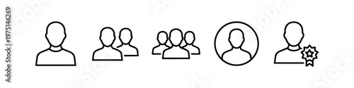 Set of Minimalist User Profile Icons including Single User, Group of People, Community, and Awarded Best User Badge, Vector Line Art for Website and Mobile UI Design