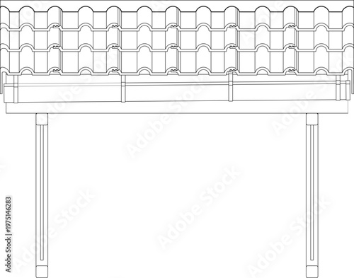 Technical architectural drawing showing a front elevation of a tiled roof structure supported by vertical columns, resembling a carport or simple shelter.
