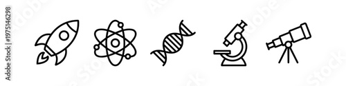 Set of Science and Technology Line Icons featuring Rocket, Atom, DNA, Microscope, and Telescope for STEM Education, Research, and Scientific Discovery