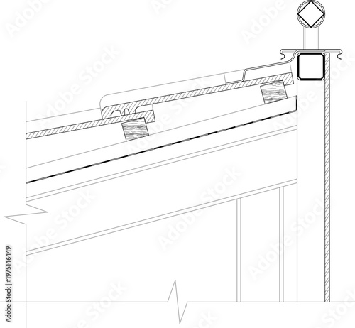 Technical architectural drawing showing a detailed cross-section of a wooden roof structure featuring a sloping rafter, vertical post with finial, and joinery details.