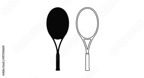 Two tennis rackets one black and one white shown in profile silhouette