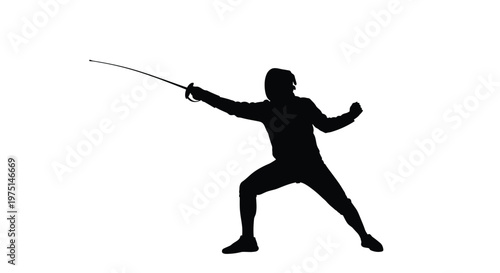 A fencer in action poised for a lunge depicted as a silhouette