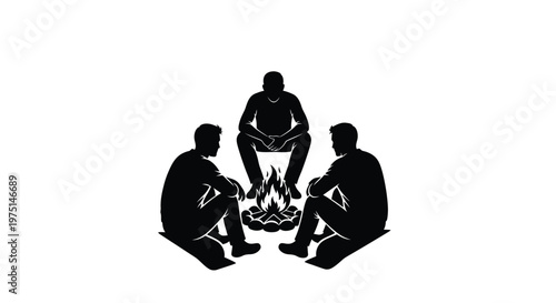 Three men gathered around a campfire a striking black silhouette