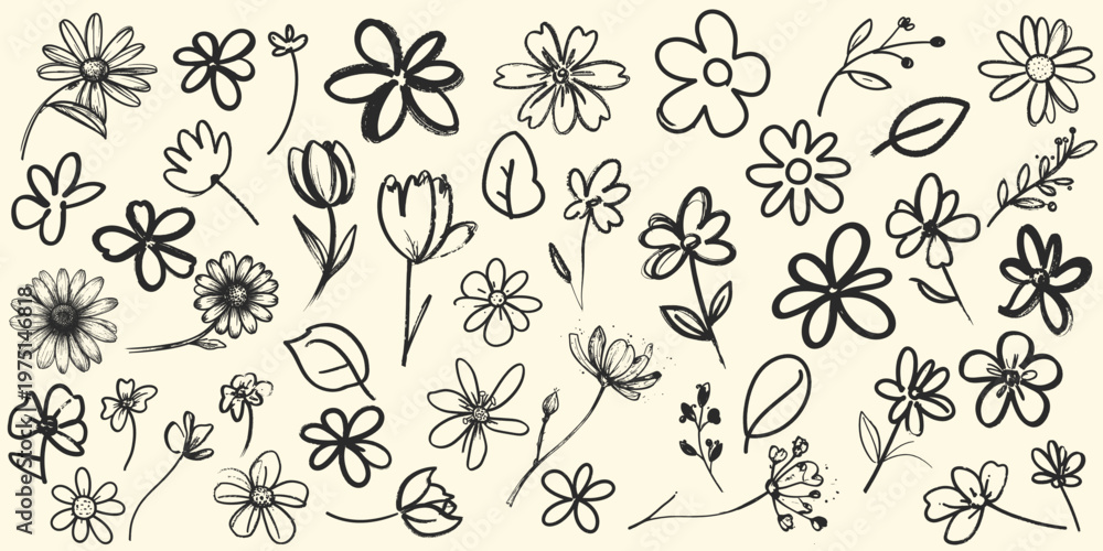 Fototapeta premium Hand drawn floral doodle border vector illustration with cute wild flowers, leaves and botanical elements in black outline line art style