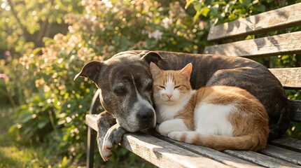 Senior gray dog and orange tabby cat resting together on wooden park bench in warm sunlight with blooming trees creating peaceful friendship moment.