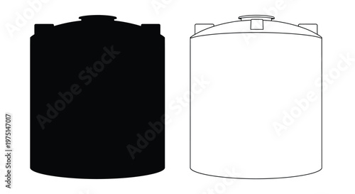 Two industrial tanks one black and one white in stark contrast silhouette