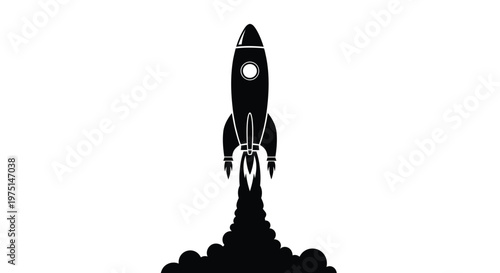 A black rocket launching with a fiery trail a striking silhouette