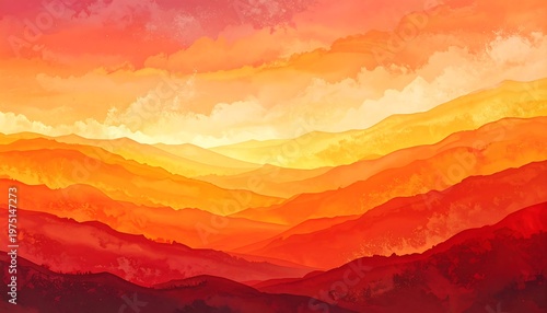 A vibrant, watercolor-style landscape portrays layered mountain ranges bathed in fiery orange and red hues beneath a dramatic sky