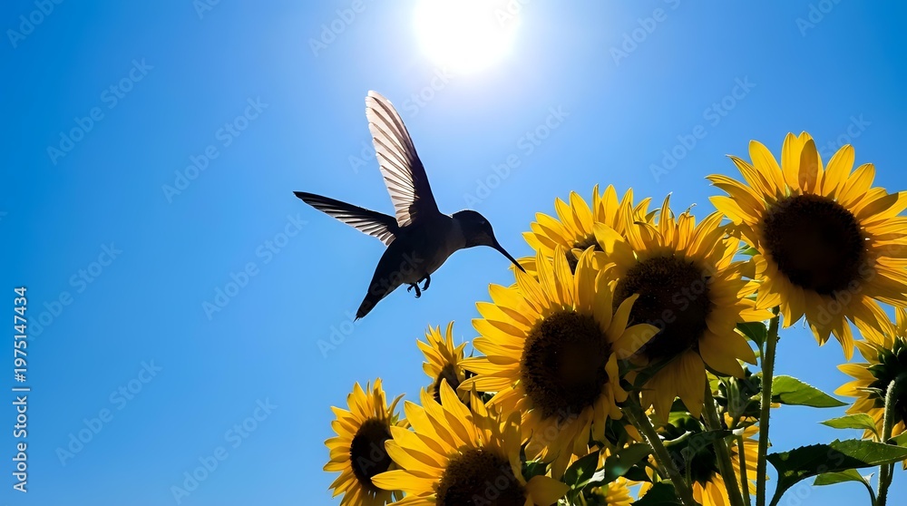 Fototapeta premium Hummingbird hovering near bright yellow sunflowers against clear blue sky with sun rays creating natural backlight for wildlife photography and nature themes.