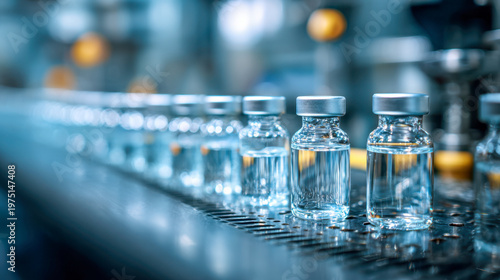 Transparent liquid-filled glass containers with silver caps neatly aligned on a reflective metallic automated production line in a pharmaceutical manufacturing setti