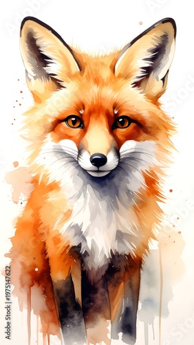 A vibrant, watercolor-style portrait of a fox. The animal has a fluffy, orange coat, white chest, and captivating eyes. It?s positioned against a clean backdrop