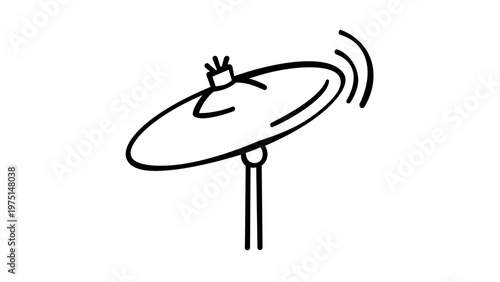 Minimalist black and white vector illustration of a vibrating drum cymbal on a stand, simple line art icon for music, percussion, and rhythm concepts, scalable AI-generated graphic design element.