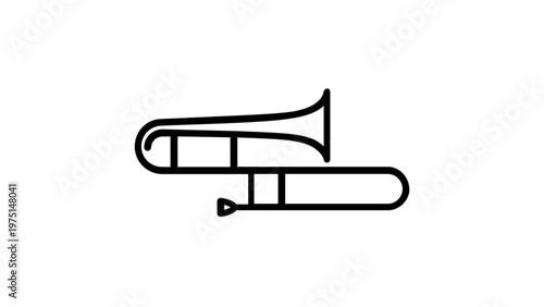Minimalist trombone vector icon illustration, sleek black line art representation of a brass musical instrument for jazz, orchestra, and marching band designs, scalable flat graphic on white.