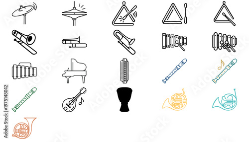 21 Music Instruments Mega Vector Icon Set Bundle: Minimalist Flat Line Art Collection Featuring Piano, Trombone, French Horn, Xylophone, Recorder, Djembe, Mandolin, and Percussion for Orchestra.