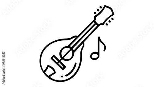 Minimalist Mandolin Vector Icon Illustration with Musical Note, Stringed Instrument Line Art Graphic for Music Education, Folk Music, and Performance Design Projects, Scalable AI-Generated Art