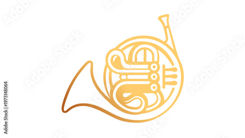 Golden French horn vector icon illustration, elegant minimalist brass musical instrument design with a luxury gradient, scalable flat art for orchestra, jazz, and classical music themes.