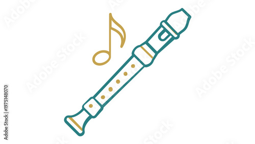 Minimalist vector icon illustration of a recorder flute with a musical note, featuring clean teal and gold lines. Scalable flat design perfect for music education, woodwind instrument graphics.