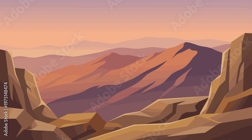 A serene vector illustration of a mountain range at sunset. Warm colors create a peaceful, majestic mood. Perfect for travel, nature, or adventure themed backgrounds.