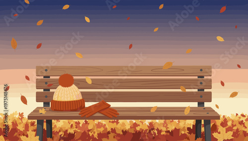 A cozy autumn illustration of a park bench with a forgotten hat and gloves. Falling leaves and a warm sunset sky create a peaceful, nostalgic mood. Perfect for seasonal designs.