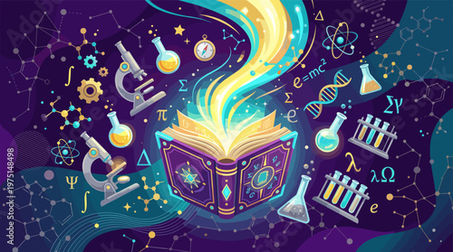 A vibrant illustration of an open book unleashing scientific knowledge. Symbols of physics, chemistry, and biology float around. Perfect for education, technology, and innovation.