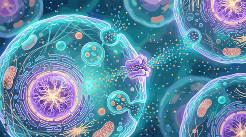 Detailed illustration showing animal cell anatomy with organelles like nucleus and mitochondria. Depicts exocytosis, perfect for science, education, and medical concepts.