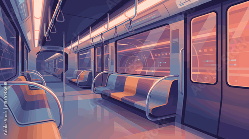 A stylized illustration of an empty metro train at dusk. The warm, peaceful lighting creates a serene, quiet mood. Ideal for urban travel, commute, or background concepts.