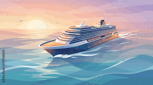 A large cruise liner sails on the calm sea during a beautiful pastel sunset. A serene illustration for travel, tourism, vacation, and transport concepts.
