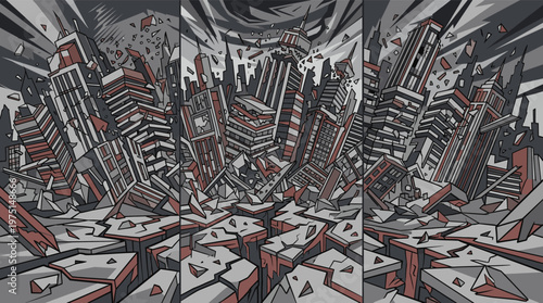 A dramatic comic-style illustration of a city being destroyed. Skyscrapers crumble and the ground cracks in a chaotic, apocalyptic scene. Perfect for themes of disaster or crisis.