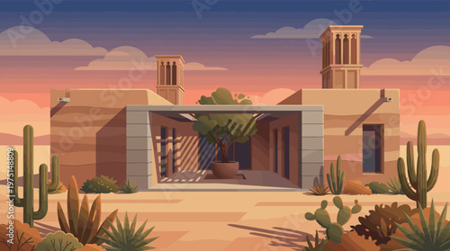 Vector illustration of a modern Middle Eastern house in the desert at sunset. A serene and warm scene for travel, real estate, or luxury lifestyle concepts.