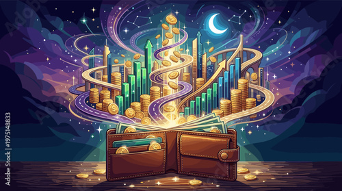 A vibrant illustration of a wallet opening to a magical city of money and growth. Metaphor for finance, investment, wealth, and economic success. Optimistic and futuristic.