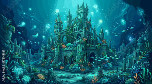 Detailed illustration of a majestic sunken castle on the ocean floor, teeming with marine life like fish and glowing jellyfish. A magical, mysterious underwater world concept.