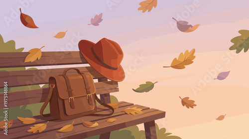 A hat and a satchel rest on a wooden bench as autumn leaves fall. A tranquil, nostalgic scene perfect for seasonal content, backgrounds, or concepts of waiting and peace.