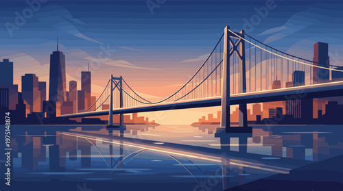 A vector illustration of a modern city skyline and a suspension bridge at sunset. The tranquil scene with reflections is perfect for urban, travel, or corporate backgrounds.