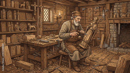 An elderly medieval woodcarver meticulously crafts a religious statue in his rustic, tool-filled workshop. Illustration of traditional craftsmanship, history, and artisan skill.